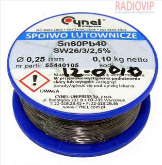 картинка Припой Cynel ПОС-60 Sn-60% Pb-40% 0,25мм 0,100кг Cynel от интернет магазина Radiovip