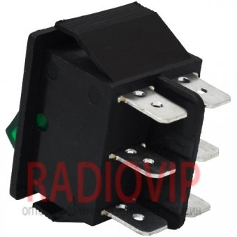 картинка Переключатель широкий с подсв.IRS-203-1C ON-OFF-ON, 6pin, 15A, зелёный от интернет магазина Radiovip