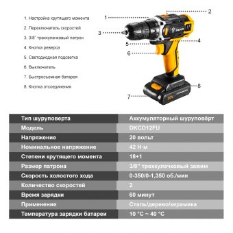 картинка Аккумуляторный шуруповёрт DEKO 20В DKCD20FU-LI от интернет магазина Radiovip