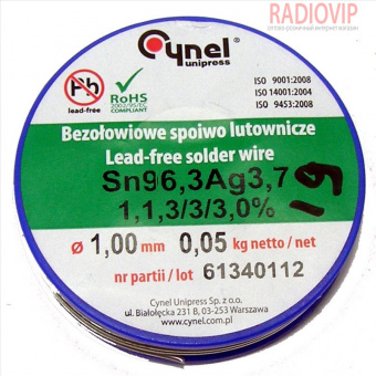 картинка Припой Cynel ПОС-60 Sn96%Ag4% 1,0мм 0,050кг Cynel от интернет магазина Radiovip