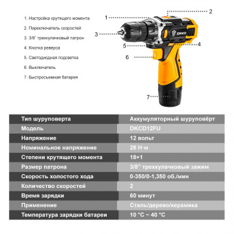 картинка Аккумуляторный шуруповёрт DEKO 12В DKCD12FU-S3 + 2 АКБ в кейсе от интернет магазина Radiovip