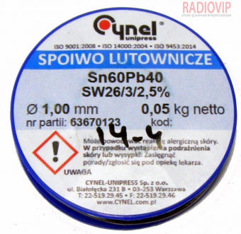 картинка Припой Sn-60% Pb-40% 1,00мм 0,050кг Cynel от интернет магазина Radiovip