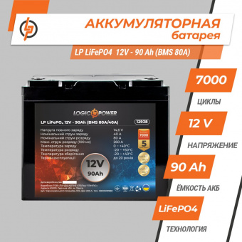картинка Аккумулятор LP LiFePO4 12V (12,8V) - 90 Ah (1152Wh) (BMS 80A/40A) пластик от интернет магазина Radiovip