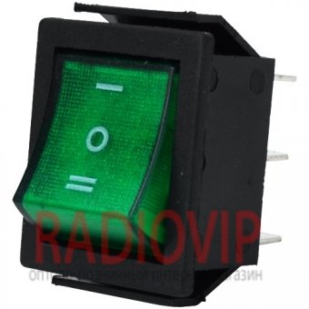 картинка Переключатель широкий с подсв.IRS-203-1C ON-OFF-ON, 6pin, 15A, зелёный от интернет магазина Radiovip